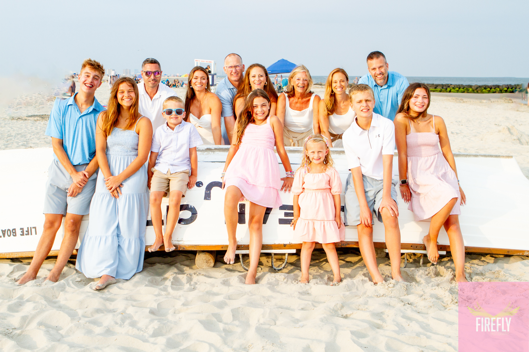 Large extended family portrait on the lifeboat